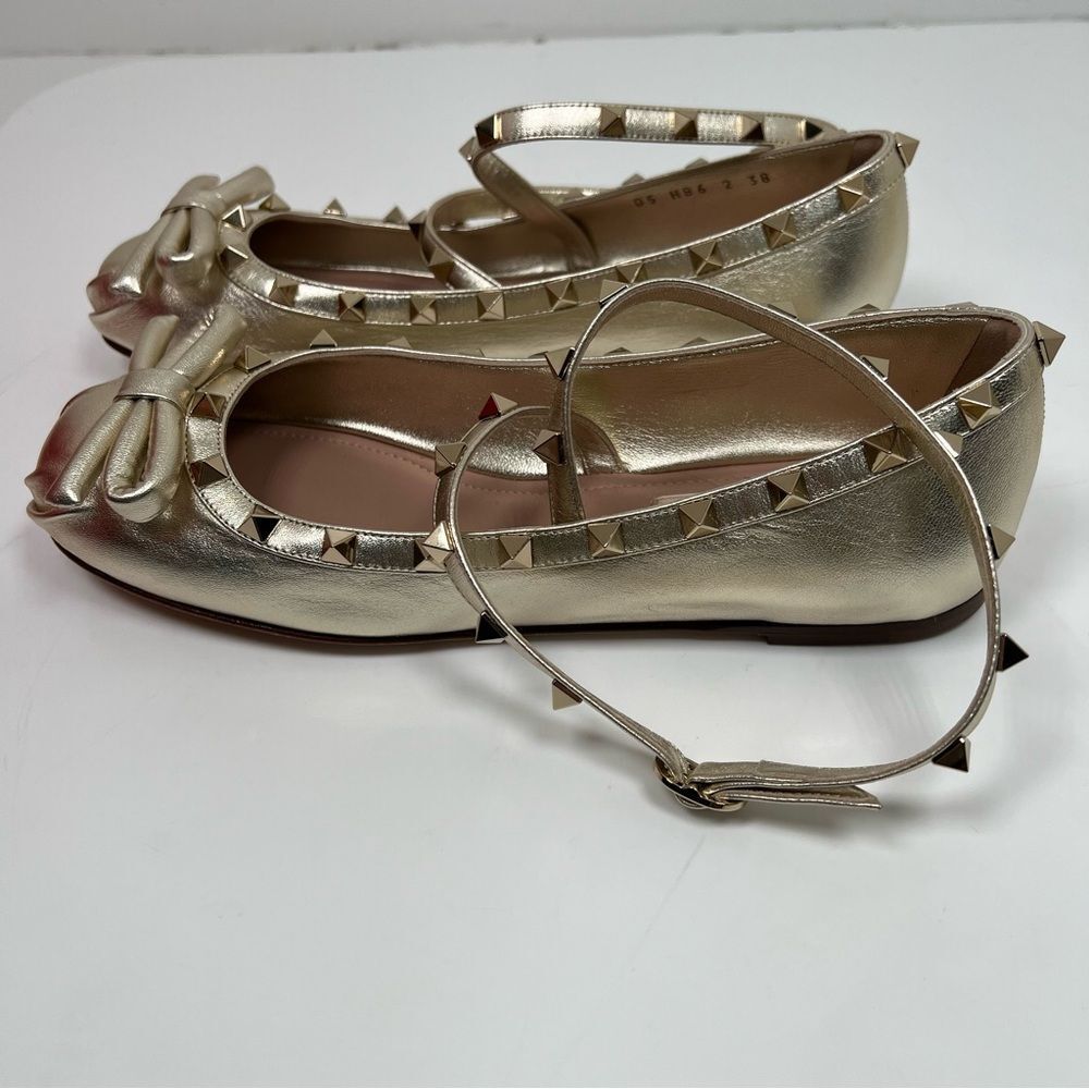 NEW! Valentino Garavani Metallic Gold Rockstud Bow Flats - Picture 4 of 10